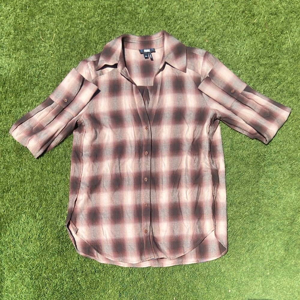 Brown and tan plaid button up shirt by Paige
